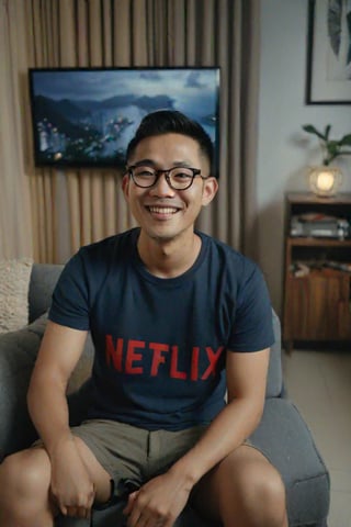 A 30-year-old Asian man wearing glasses, smile face wearing a t-shirt and shorts is sitting on the sofa in the living room of his condo, looking at the television. The picture on the television screen is the Netflix logo. Evening atmosphere. Real picture. High definition 64K Epic cinematic brilliant stunning intricate meticulously detailed dramatic atmospheric maximalist digital matte painting