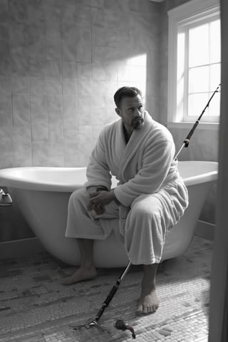 A 40-year-old man sits on the toilet in a bathrobe. fishing rod in hand who is fishing in the bathtub Atmosphere in the bathroom There was morning sunlight shining in. Black and white style, realistic images, high definition, 64K Epic cinematic brilliant stunning intricate meticulously detailed dramatic atmospheric maximalist digital matte painting