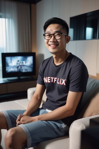 A 30-year-old Asian man wearing glasses, smile face wearing a t-shirt and shorts is sitting on the sofa in the living room of his condo, looking at the television. The picture on the television screen is the Netflix logo. Evening atmosphere. Real picture. High definition 64K Epic cinematic brilliant stunning intricate meticulously detailed dramatic atmospheric maximalist digital matte painting