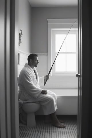 A 40-year-old man sits on the toilet in a bathrobe. fishing rod in hand who is fishing in the bathtub Atmosphere in the bathroom There was morning sunlight shining in. Black and white style, realistic images, high definition, 64K Epic cinematic brilliant stunning intricate meticulously detailed dramatic atmospheric maximalist digital matte painting