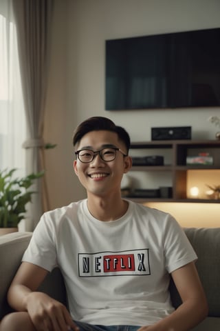 A 25-year-old Asian man wearing glasses, smile face wearing a t-shirt and shorts is sitting on the sofa in the living room of his condo, looking at the television. The picture on the television screen is the Netflix logo. Evening atmosphere. Real picture. High definition 64K Epic cinematic brilliant stunning intricate meticulously detailed dramatic atmospheric maximalist digital matte painting