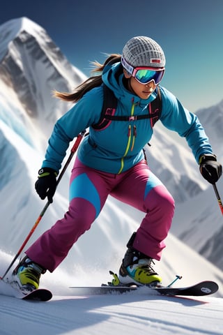 Skiing on Everest, skier skiing with mostly muted colors with a pop of color, ski vector art, Miki Asai Macro photography, close-up, hyper detailed, trending on artstation, sharp focus, studio photo, intricate details, highly detailed, by greg rutkowski Hyperrealistic, splash art, concept art, mid shot, intricately detailed, color depth, dramatic, 2/3 face angle, side light, colorful background