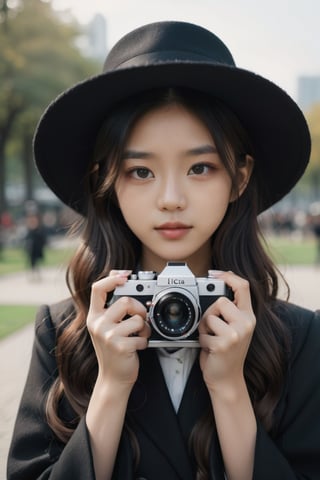 Close up An 18 year old Asian woman with long wavy hair wearing a black cloth hat. Wear a black overcoat Use both hands to lift the LEICA brand film camera and place it close to her face. Preparing to take a photo in the afternoon, a park location, the front is clear, the background is blurred with bokeh, real picture, high definition 8K.,LinkGirl,Masterpiece, ,FilmGirl