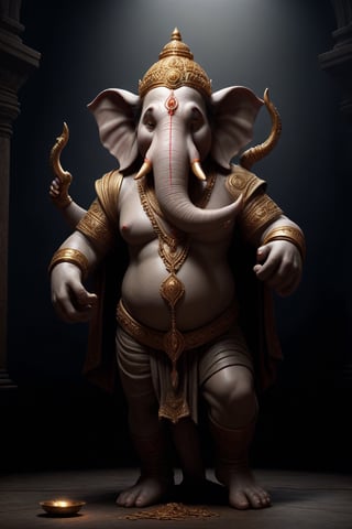 Create an artwork highlighting Ganesha's broken tusk, portraying the resilience of his wisdom and kindness, standing as a testament to lessons learned, perfect composition, many golds on ground, beautiful detailed intricate insanely detailed octane render trending on artstation, 8 k artistic photography, photorealistic concept art, soft natural volumetric cinematic perfect light, chiaroscuro, award - winning photograph, masterpiece, oil on canvas, raphael, caravaggio, greg rutkowski, beeple, beksinski, giger,<lora:659095807385103906:1.0>