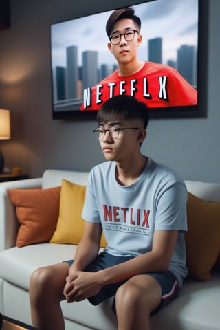 A 20-year-old Asian man wearing glasses, wearing a t-shirt and shorts is sitting on the sofa in the living room of his condo, looking at the television. The picture on the television screen is the Netflix logo. Evening atmosphere. Real picture. High definition 64K Epic cinematic brilliant stunning intricate meticulously detailed dramatic atmospheric maximalist digital matte painting