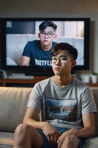 A 20-year-old Asian man wearing glasses, wearing a t-shirt and shorts is sitting on the sofa in the living room of his condo, looking at the television. The picture on the television screen is the Netflix logo. Evening atmosphere. Real picture. High definition 64K Epic cinematic brilliant stunning intricate meticulously detailed dramatic atmospheric maximalist digital matte painting