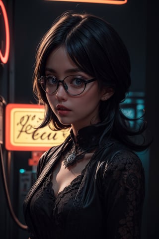 byArnold Brügger, 1 young girl, nerd, wear glasses, (vintage filter , photo-neon noir but extremely beautiful:1.4), (intricate details, masterpiece, best quality:1.4) , Flat 2D Art, simple flat colors, 2-dimensional, Flat 2D Art Style, , looking at viewer   