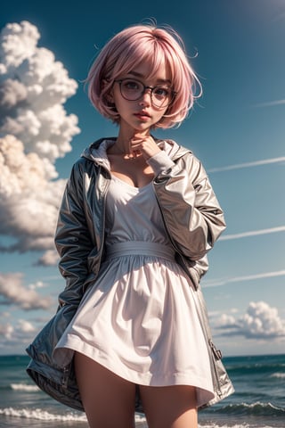 score_9, score_8_up, score_7_up, score_6_up, score_5_up, score_4_up, source_anime, 1girl, wearing glasses, megane, short hair, solo, fyuk1, white_jacket_pink_dress, fashion pose, proud, cowboy shot, sea, sky, cloud, sunset, ,