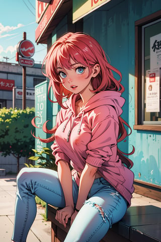 1_girl,Beautiful,long_hair,pink_hair,pink_hoodie,body_slim,park,out_door,beatiful_eyes,fair_skin,big_boobies,big_breats,zip_hoodie_open,nopan,no_panties,holding_breasts,show_one_nipple,sitting_down,show_pussy,one_nipple_is_visible,blue_jeans