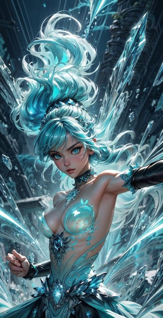 official art, unity 8k wallpaper, ultra detailed, beautiful and aesthetic, beautiful, masterpiece, best quality, dynamic angle, cowboyshot, the most beautiful form of chaos,chaotic energy, elegant, a brutalist designed, vivid colours, romanticism
Aqua_hair/cyan_eyes,in a dress of transparent Aqua , a beautiful crystalline crown on her head, detailed face, detailed skin, front,upper body, background Aqua forest, cover, unzoom, choker, hyperdetailed painting, luminism, Bar lighting, complex, fractal isometrics details bioluminescens : a stunning realistic photograph 30 years,dynamic pose,fighting_stance, Nude, full_body