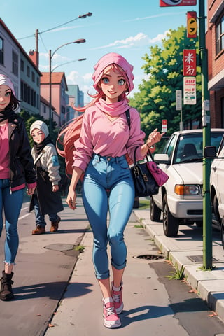 1_girl,Beautiful,long_hair,pink_hair,pink_shirt,body_slim,park,out_door,beatiful_eyes,fair_skin,nopan,no_panties,blue_jeans,pink_hijab,head_scarf,hijab,standind,posing,holding_handbag,smile_face,full_body