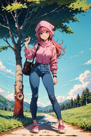 1_girl,Beautiful,long_hair,pink_hair,pink_shirt,body_slim,hiking,out_door,beatiful_eyes,fair_skin,nopan,no_panties,blue_jeans,pink_hijab,head_scarf,hijab,standind,posing,holding_handbag,smile_face,touching_hair,full_body,natural_background