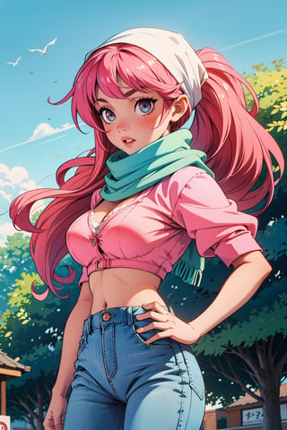 1_girl,Beautiful,long_hair,pink_hair,pink_shirt,body_slim,park,out_door,beatiful_eyes,fair_skin,breats,nopan,no_panties,blue_jeans,pink_hijab,head_scarf,hijab,average_breasts,standind,posing,bra