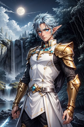 ((short elf ear)), ( blue eyes, light blue hair), (paladin, long sleeve, white butler, butler armor, silver ring), enchanted forest, sunshine, waterfall, moon behind head, hanabusa_aidou, (athletic body), blush, bismuth4rmor, white shirt, gold trim ((male)), fire sword, gold armor