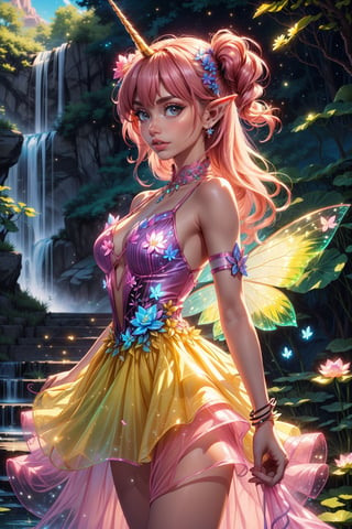 ((elf ear, pointed ear)), (pink lip, long hair, (hair bangs, two side up, long hair), single horn, flowing hair, hair bang, floral hair, flowers on hair, Flower accessories, very long hair, blonde hair, hair_highlight, stripes hair, ((heterochromia, blue, yellow)), (enchanted forest, waterfall, lotus, blue sky, butterflies, fireflies, Abundant, paradise, magic aura, green magic around), ((pink fairy dress, plant_dress, sparkling, glitter, gem necklace, jewel, climbing vine arm, flower shape, flowers bracelet)), High detailed, bright sky, flower_hair_ornament, bare shoulder, happy,((pink flowers trim)), butterfly, half body shot, cowboy shot, portrait, ((face focus)), (fairy dress, a dress made of flowers, flower blooming skirt, layered skirt, petal), smile, :), playful, ((joyful pose)),((fairy wings, unicorn horn)), glittering wings, bioluminescent dress, tionishia,tionishia,1girl unicorn \(azur lane\)