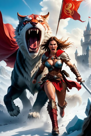 strong and powerful dungeons and dragons epic movie poster barbarian woman with cape charging into battle violent roar riding a vicious ice [wolf|tiger] beast leather and fur boots warriors and red banners (windy dust debris storm:1.1) volumetric lighting fog depth mist pass z pass great stone castle very bright morning sunlight from side