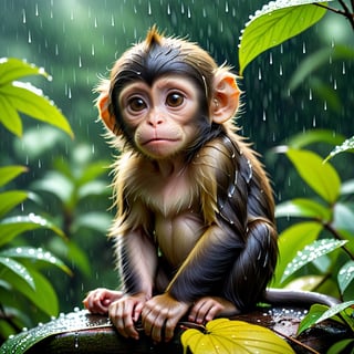 Poor baby monkey! It is raining in the forest and it cannot play with the other little animals of the place. The baby monkey waits quiet and rather sad, under the rain, for the sun to appear.