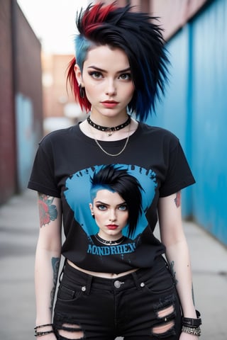 one Female Punk Rocker named Jill, pale skin color, Bold haircut, Black hair, piercing blue eyes, with Black faded Faded Red T-shirt, wearing Ripped Black Jeans