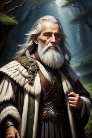 masterpiece, professional artwork, famous artwork, fantasy class, Druid old man, silver long beard