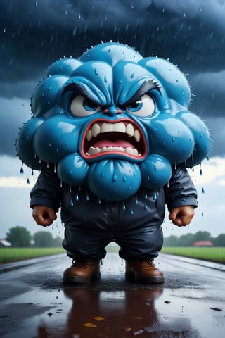 ((A really angry dark raincloud with face)). Angry dark raincloud looking down while excessively raining. Large blue raindrops. Centered. Watercolor splatter backdrop. mesmerizing, solo, vibrant, Masterpiece, (8k:1.5), enhanced resolution, best quality, enhanced details, best artist, sharp edges, detailed textures, ((full body shot)), atmospheric lighting, visually stunning, perfect composition, trending on behance