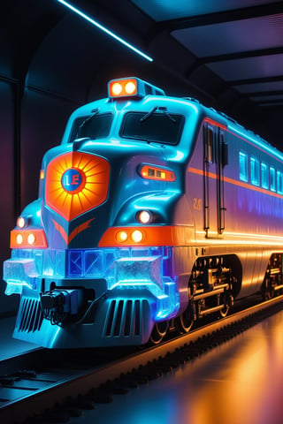 a full-body shot of a ice(train)sculpture surrounded with florescent glowing lights. vibrant, Masterpiece, (32k), perfect anatomy, enhanced resolution, best quality, enhanced details, best artist, sharp edges, detailed textures, ((full body shot)), atmospheric lighting, visually stunning, perfect composition, trending on behance