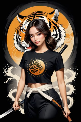 A beautifully drawn (((vintage t-shirt print))), featuring intricate ((retro-inspired typography)) encircling a (((sumi-e ink illustration))) depicting tiger, in a stance holding a katana,gleaming in the sunlight,  ying yang sybol behind the head, integrating elements of Japanese calligraphy  with black back ground
,MeganFox,Ukiyo-e