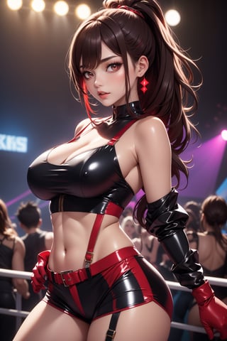 A Japanese girl with shoulder-length light brown hair wears a shiny, segmented bralette with black, silver, and red sequins, paired with matching high-waisted shorts featuring silver fringes. Accessories include red and black arm bands, straps on the thighs, and black gloves with red accents. The overall pro-wrestling outfit has a bold and glamorous style.,an asian woman in a red and black bodysuit posing for the camera, red and black costume!!!, bold rave outfit, fantasy outfit, wild rave outfit, harnesses and garters, chrome outfit, kasumi arimura style 3/4, metal bikini, rave outfit, very sexy devil outfit, asuka, physical : tinyest midriff ever, warrior outfit, cyberpunk outfit, cute rave outfit, rave otufit, asuka suit under clothes!, punk outfit, fun rave outfit, cyberpunk style outfit,araffe woman in a red and black outfit posing for a picture, wild rave outfit, rave outfit, bold rave outfit, silver red, upper torso included, high quality theatre costume, high quality costume, c