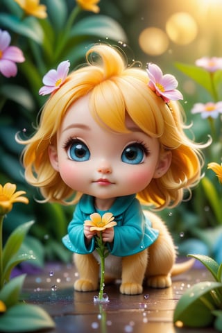 Mouse face in extreme macro photography, Disney chibi style, sniffing flower, camera floor level, sharp focus, dewdrops adding elevation, background bokeh, soft pastels palette enhanced, warm vibrant light, soft airbrush technique, ultra detailed, complex composition, ultra HD 4k, cinematic.