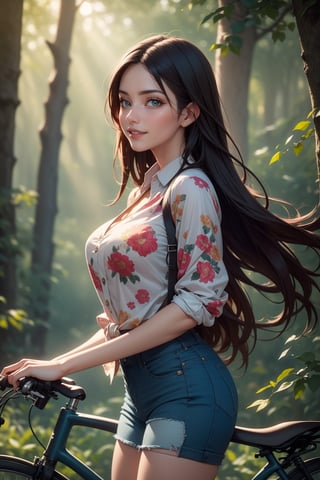 A cinematic portrait of a woman with long, dark hair, wearing a floral shirt and denim shorts, stands next to a mint-green bicycle in a lush green forest. She is smiling and looking at the camera. The light is soft and warm, with golden rays of light illuminating the scene. The background is blurred, creating a sense of depth and dimension. The photo is taken with a wide-angle lens, f/11, 200mm, and a Nikon LUT. It is an artistic HDR shot with a high contrast, deep depth of field, creating an eventfulness and a dramatic photo.