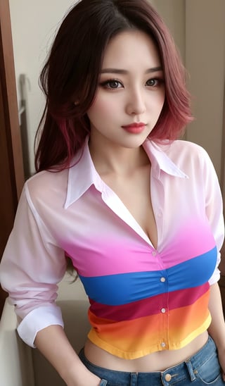 Beautiful 30-year-old woman with a provocative look looking at me with sensual expressions and wearing a colorful shirt