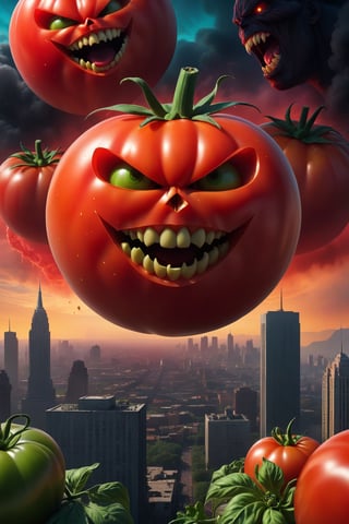 Conceptual Art of Darkcore aesthetic, portrait of a b-movie poster with a cheesy title featuring giant, menacing tomatoes attacking a city, bright colors, stunning background. dark and moody, a mesmerizing blend of light and shadow. masterpiece, absurdres, intricate details , concept art