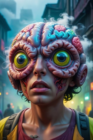 Zombie with brain exposed. Large eyes, scenery contained within eyes. Thick colorful mist. vibrant, photo realism, Masterpiece, (8k:1), best quality, ultra detailed, best artist, micro details, sharp edges, detailed textures, (full body shot), atmospheric lighting, visually stunning, perfect composition, trending on artstation