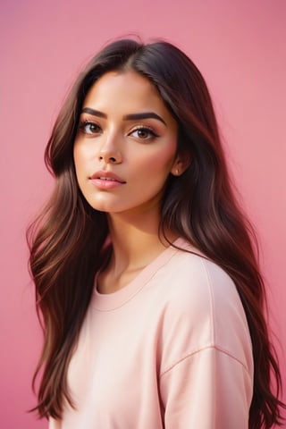 2016 Photo of a 16-year-old, mixed with Indian and White, Urban Outfitters model, with very long dark brown hair, hazel eyes, an alluring gaze, dynamic pose, pink background, mid-length shot, warm color tone, 35mm, shot on Kodak Ektar 100, realistic