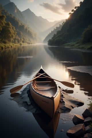 A canoe of rivers of paper and ash with singed edges. (Masterpiece:1.2), 8K, perfect symmetry, UHD, ultra resolution, best quality, best details, best artist, sharp edges, detailed textures, full view, atmospheric lighting, visually stunning, perfect composition, trending on behance