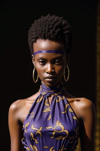 a stunning,  full-size, photorealistic, air-brushed quality photo of a very skinny, tall, long, skinny, supermodel physique, of a beautiful South Sudanese woman with high cheekbones, detailed eyes, dark skin small nose, slim non-muscular, feminine body, wearing, well-tailored, African print halter neckline floor length African print gown, A-line silhouette, jewelry around her neck. good lighting, intricate, hyper-detailed,8k, realistic, XXMix_9realisticSDXL,bul4n