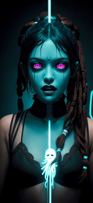 (best quality,  masterpiece),  ghost,  poltergeist girl,  spectrum body,  female,  Intricate phantom Features,  Scary Face,  Dreadlocked Hair,  Long Bangs,  Long Ponytail,  Neon Teal,  Dark neon Eyes,  Indian Art, dynamic, sharp focus