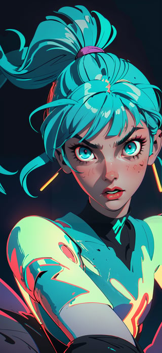 (best quality,  masterpiece),  ghost,  poltergeist girl,  spectrum body,  female,  Intricate phantom Features,  Scary Face,  Dreadlocked Hair,  Long Bangs,  Long Ponytail,  Neon Teal,  Dark neon Eyes,  Indian Art,  Lofi,  dynamic,  sharp focus,retro