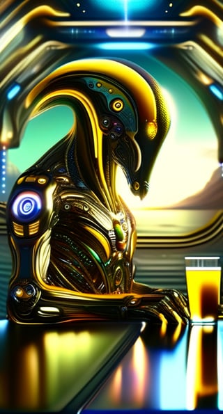 A very slim kind of male attractive scifi and tech creature from Pluto is daydeaming at the bar in a pub, high resolution and contrast and colour contrast,  intricately textured and scifi, extremely subtle detailed, detailmaster2,  side-light,  ultra quality,  fine artwork ,DonMX3n0T3chXL