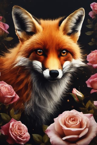 A cute foxsmells on a rose  and shows therefore consternation,  dramatic surrounding  and atmosphere, high resolution and contrast and colour contrast,  intricately textured and extremely detailed,  detailmaster2,  side-light,  ultra quality,  dark palette