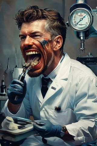 (Ink drawing) a dentist going crazy with his drill, dark vivid palette,  high resolution and contrast and colour contrast,  intricately textured and extremely subtle detailed,  detailmaster2,  side-light,  ultra quality,  fine artwork ,ink art,DonMD347hM374lXL ,DonMCyb3rSp4c3XL