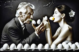 (Art photography,  masterpiece) ((monochrome photography,  black/white) tan /grey  background) (a couple of people in a surrealist bar atmosphere play with eggs and cucumbers,  in the style of Irving Penn) dark  palette, high resolution and contrast and colour contrast,  intricately textured and extremely subtle detailed,  detailmaster2,  side-light,  ultra quality,  fine artwork