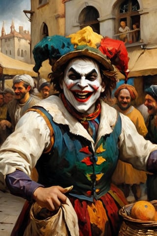 (Oil painting,  masterpiece Renaissance style) dramatic scene 2 angry grinning Harlekin dancing on a marketplace , first person view,  dark palette,  high resolution and contrast and colour contrast,  intricately textured and extremely subtle detailed,  detailmaster2,  side-light,  ultra quality,  fine artwork 