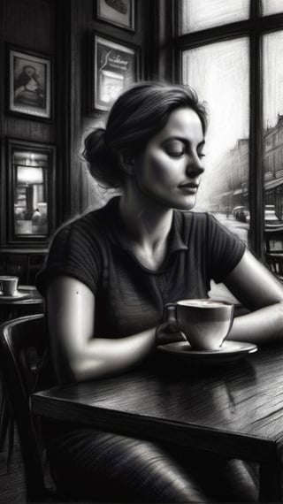 A charcoal  pencil colored drawing of 1 woman day dreaming  while sitting in a cafe ,   dark palette,  high resolution and contrast,  intricately textured and detailed,  best quality,  fine artwork,  side-light ,charcoal drawing,CharcoalDarkStyle,hatching with black pencil