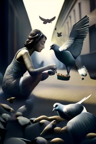 (Art photography) (an icarus woman feeds pigeons with bread pieces:1.9),  (at a very crowded place in Hamburg:1.3), dark  palette,  high resolution and contrast and colour contrast,  intricately textured and extremely subtle detailed,  detailmaster2,  side-light,  ray tracing shadows,  ultra quality,  fine artwork 