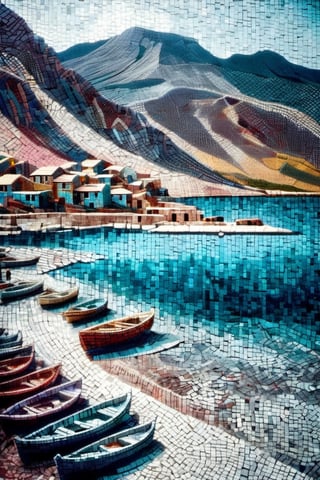 A glass mosaic of landscape with small lake and trees around in the foreground and high mountains  in the background,  dark palette,  high resolution and contrast and colour contrast,  intricately textured and extremely subtle detailed,  detailmaster2,  side-light,  epic view,  fine artwork ,DonMPl4sm4T3chXL ,colorful