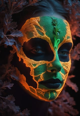 The face of a beauty masked with a crust  of parsley,thyme and sage on the face  with a bioluminescent effect, high resolution and contrast and colour contrast,  intricately textured and extremely detailed,  detailmaster2,  side-light,  ultra quality,  dark  vivid palette , light-blush/orange luminescent background, 
 