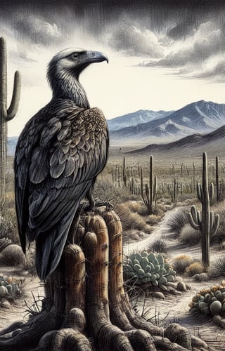 A charcoal ink coloured drawing of Saguaro cacti wit a vulture, high resolution and contrast and colour contrast,  dark palette,  intricately textured and extremely expressively detailed, detailmaster2,  fine artwork,  ultra quality,  epic view ,CharcoalDarkStyle,charcoal drawing,ink art,line art illustration,Pomological Watercolor