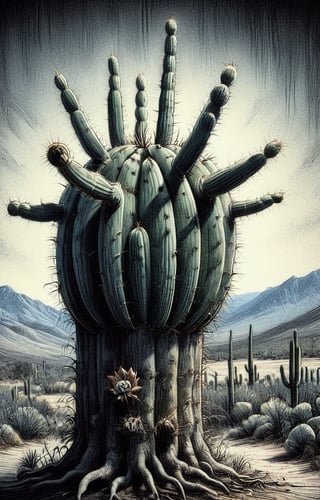 A charcoal ink coloured drawing of Saguaro cacti, high resolution and contrast and colour contrast,  dark palette,  intricately textured and extremely expressively detailed, detailmaster2,  fine artwork,  ultra quality,  epic view ,CharcoalDarkStyle,charcoal drawing,ink art,line art illustration