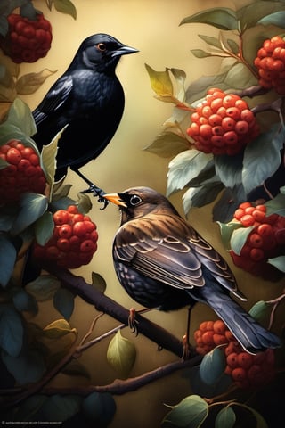 A blackbird meeting  a sparrow under a bush in the garden, moody lighting, dark palette,  high resolution and contrast,  intricately textured and extremely detailed,  detailmaster2,  ray tracing shadows,  side lighting,  ultra quality ,Digital painting ,Leonardo Style,Pomological Watercolor