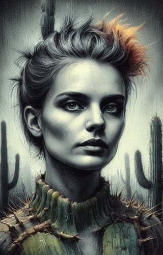 A charcoal ink coloured drawing of Saguaro cacti, high resolution and contrast and colour contrast,  dark palette,  intricately textured and extremely expressively detailed, detailmaster2,  fine artwork,  ultra quality,  epic view ,CharcoalDarkStyle,charcoal drawing,ink art,line art illustration